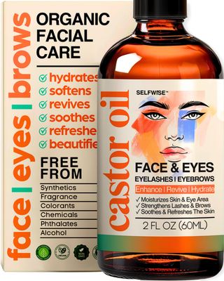 SELFWISE Organic Castor Oil Face Moisturizer for Eyelashes, Eyebrows, Wrinkles with Jojoba, Rosehip, Grapeseed, Squalane, Palmarosa, Bergamot, and Vitamin E, Skin Care for Oily, Dry Skin, 2oz