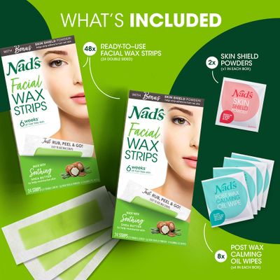 Nad's Facial Wax Strips - Facial Hair Removal for Women - Waxing Kit With 48 Face Wax Strips + 8 Calming Oil Wipes + Skin Protection Powder
