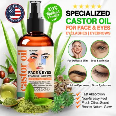 SELFWISE Organic Castor Oil Face Moisturizer for Eyelashes, Eyebrows, Wrinkles with Jojoba, Rosehip, Grapeseed, Squalane, Palmarosa, Bergamot, and Vitamin E, Skin Care for Oily, Dry Skin, 2oz