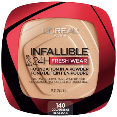 LOral Paris Makeup Infallible Fresh Wear Foundation in a Powder, Up to 24H Wear, Waterproof, Golden Beige, 0.31 oz.