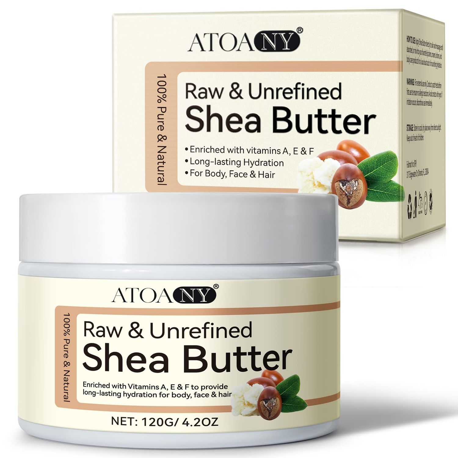 Organic Shea Butter, Raw &amp; Unrefined Shea Butter for Body, Face &amp; Hair, Pure Shea Butter with vitamins A, E &amp; F, Long-Lasting Hydration for Dry Skin, Hair Care, DIY Lip Balm, Natural Moisturizer