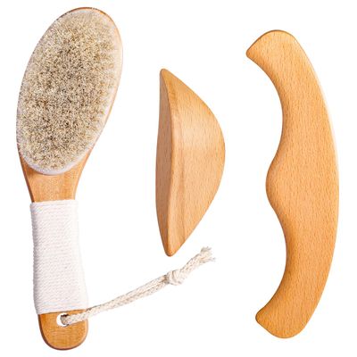 Horsehair Dry Brushing Body Brush Set for Lymphatic Drainage - Non-Slip Contoured Handle Dry Brush + Wooden Body Massage Tools. Gua Sha Stick, Maderotherapy Kit, Anti-Cellulite, and Body Detox.