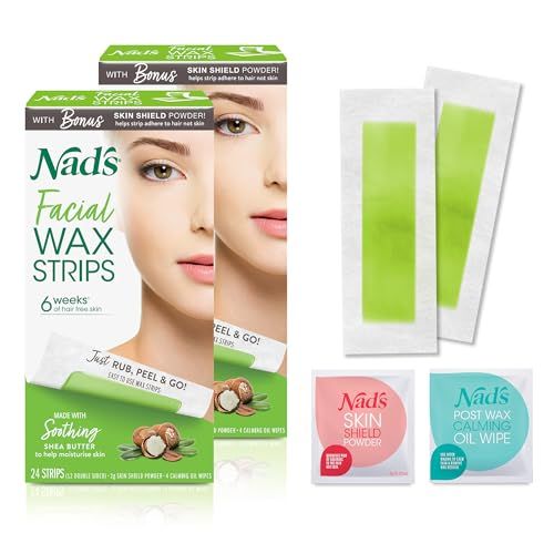 Nad&#39;s Facial Wax Strips - Facial Hair Removal for Women - Waxing Kit With 48 Face Wax Strips + 8 Calming Oil Wipes + Skin Protection Powder