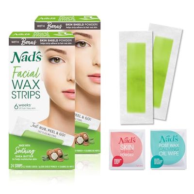 Nad&#39;s Facial Wax Strips - Facial Hair Removal for Women - Waxing Kit With 48 Face Wax Strips + 8 Calming Oil Wipes + Skin Protection Powder