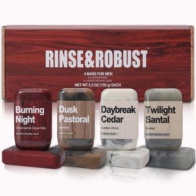 Rinse &amp; Robust Mens Soap 4Pcs Natural Mens Bar Soap Cleansing Soap Bar Set Gift for Men Exfoliating &amp; Moisturizing Luxury Soap FACE BODY HAND SHAVE Soap 4 In 1 All Skin Type |5.3 oz of 4 Bars