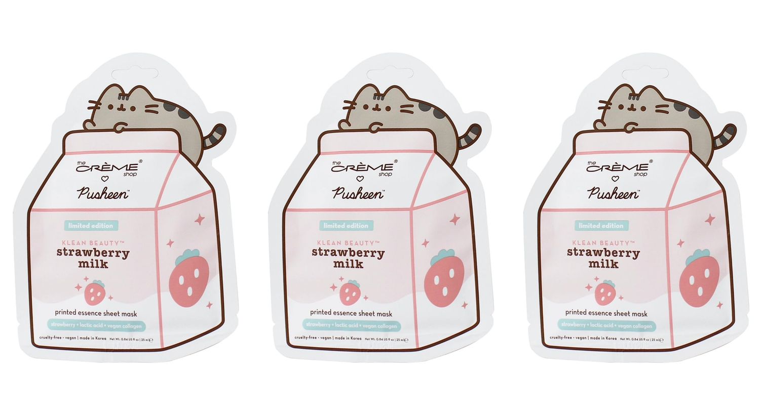 The Crme Shop X PUSHEEN KLEAN BEAUTY Strawberry Milk Printed Essence Sheet Mask | Vitamin C &amp; Vegan Collagen | Brightening &amp; Youthful Skin | Vegan, Cruelty-Free (Set of 3)