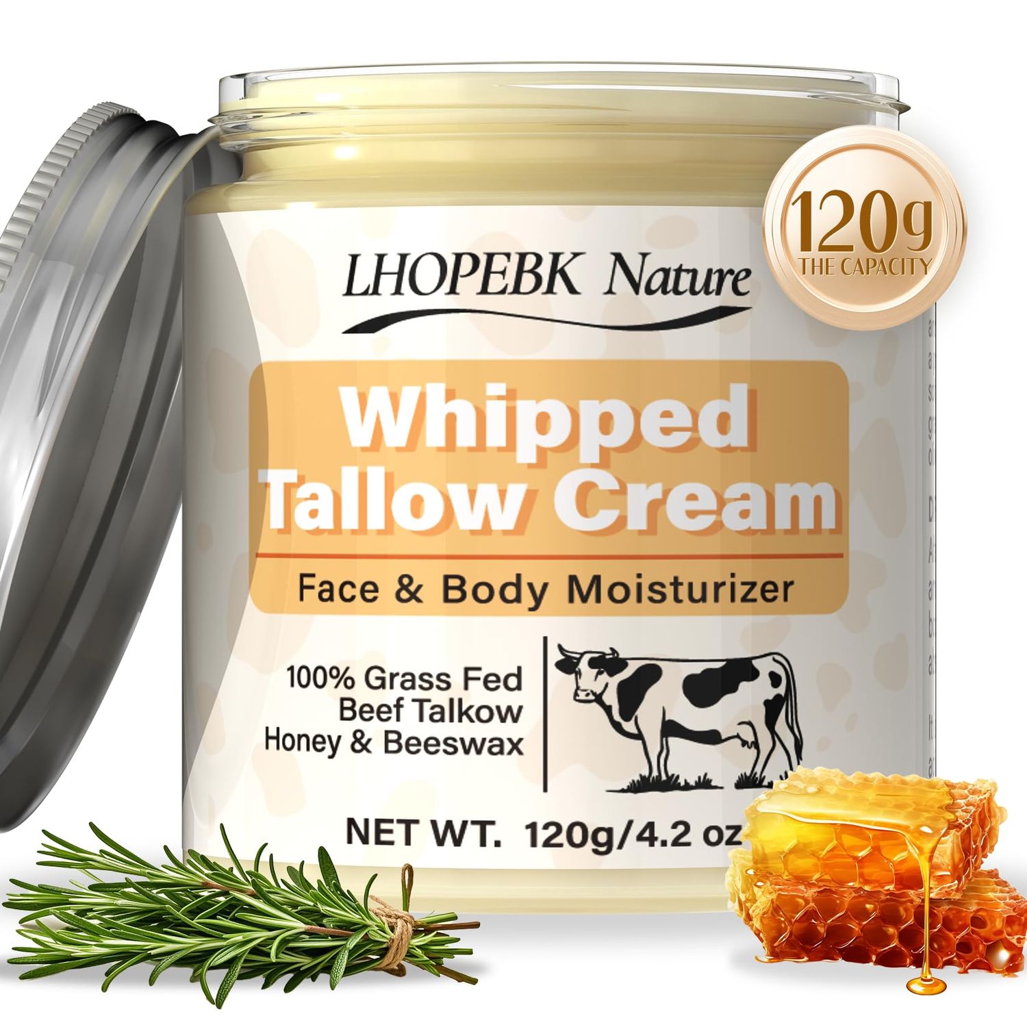 Whipped Beef Tallow for Skin: Organic Grass-Fed Hydrating Tallow and Honey Balm 4.2oz - Natural Tallow Face Moisturizer Body Lotion Skin Care Balm for Dry