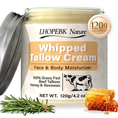 Whipped Beef Tallow for Skin: Organic Grass-Fed Hydrating Tallow and Honey Balm 4.2oz - Natural Tallow Face Moisturizer Body Lotion Skin Care Balm for Dry