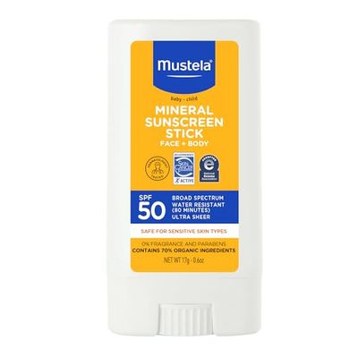 Mustela Baby Mineral Sunscreen Stick SPF 50 Broad Spectrum - Face &amp; Body Sun Stick with 70% Organic Ingredients - Ultra Sheer, Water Resistant &amp; Fragrance-Free - 0.6 oz (Pack of 1)