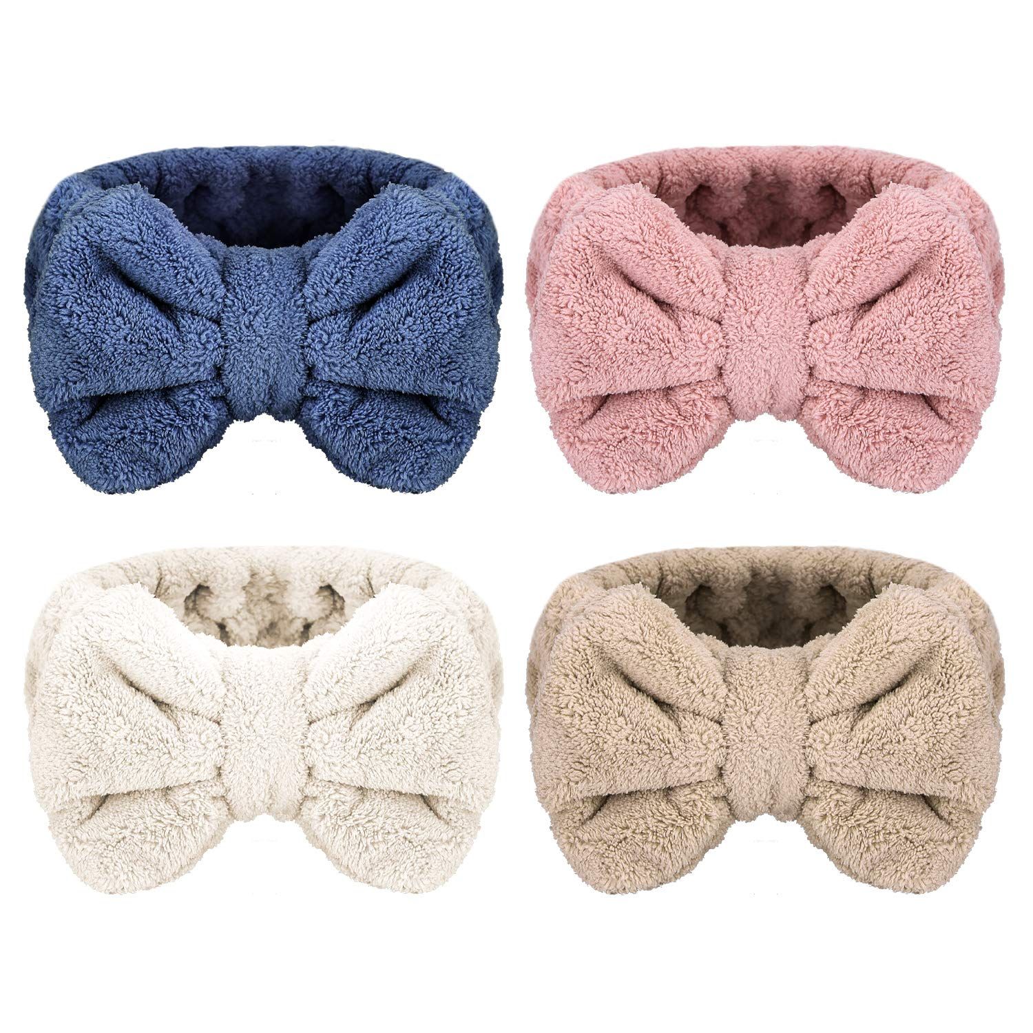 Senkary 4 Pack Bow Makeup Headband Microfiber Spa Headbands Towel Headband Soft Puffy Washing Face Headband for Women Girls Shower Bath Skincare (White, Blue, Pink, Brown)