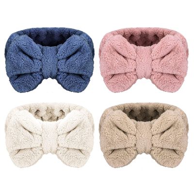 Senkary 4 Pack Bow Makeup Headband Microfiber Spa Headbands Towel Headband Soft Puffy Washing Face Headband for Women Girls Shower Bath Skincare (White, Blue, Pink, Brown)