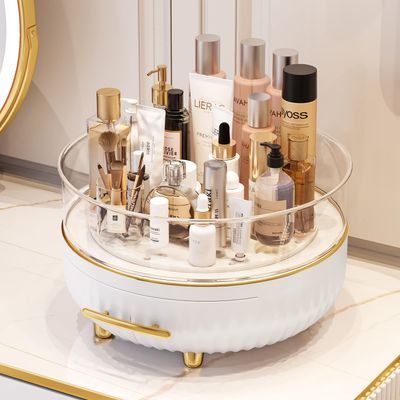 Saclsocs Makeup Skin Care Organizer for Dresser, Perfume Tray, Hair Product Organizer, 360 Degree Rotating Lazy Susan Cosmetic Storage, Contains a Drawer