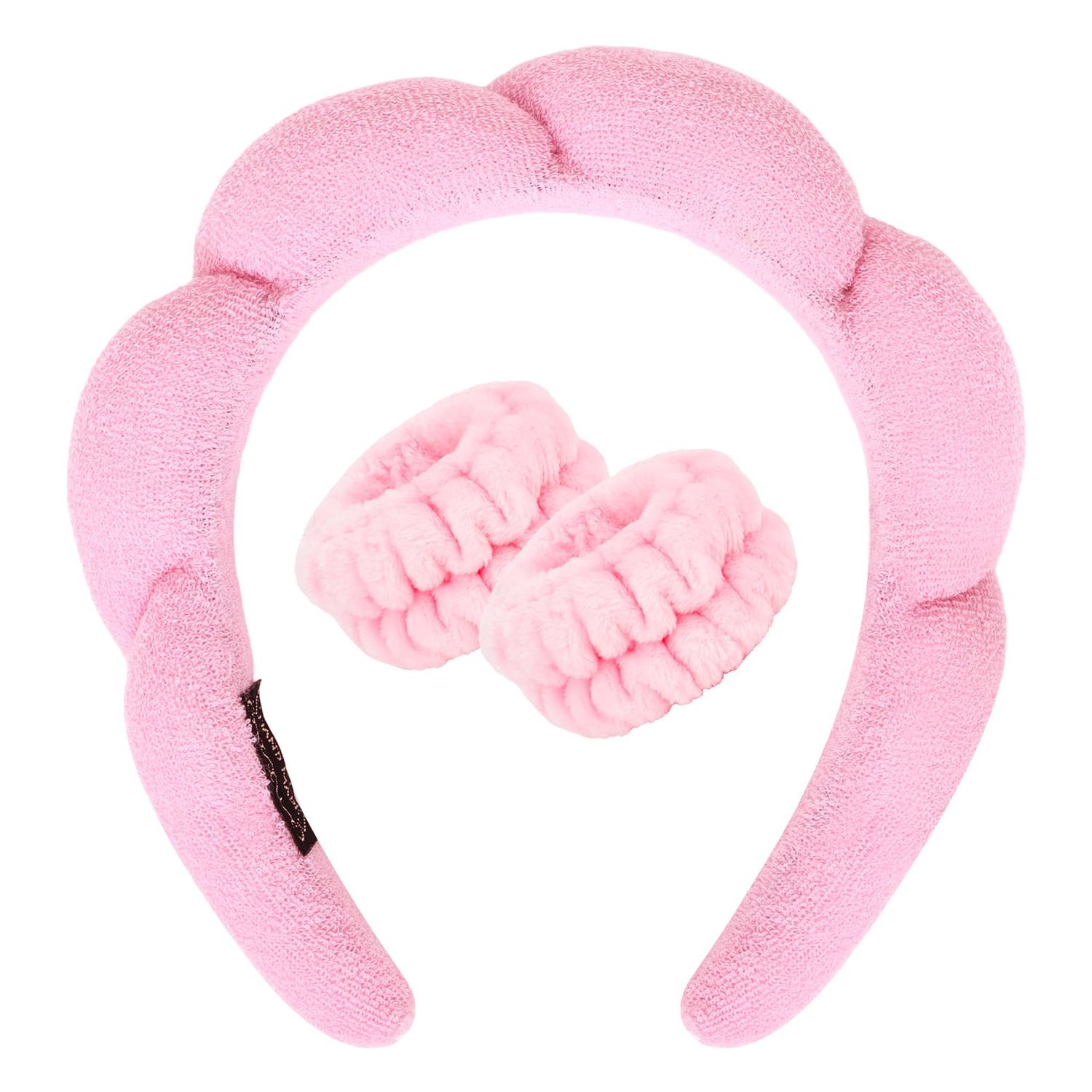 Pink Skincare Headband and Wristband Set Spa Headband for Washing Face Makeup Headband Bubble Skincare Headband for Women Puffy Terry Cloth Headband Soft Sponge Clouds Headband Cute Hair Accessories