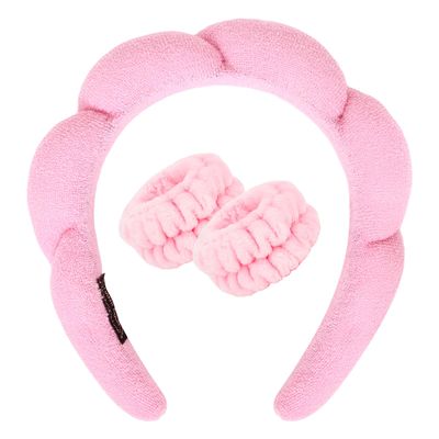 Pink Skincare Headband and Wristband Set Spa Headband for Washing Face Makeup Headband Bubble Skincare Headband for Women Puffy Terry Cloth Headband Soft Sponge Clouds Headband Cute Hair Accessories