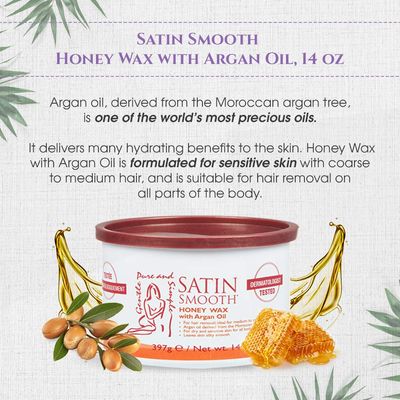 Satin Smooth Honey Hair Removal Wax with Argan Oil, for Medium to Coarse Hair, Full Body Waxing, Ideal for Sensitive Skin, 14oz