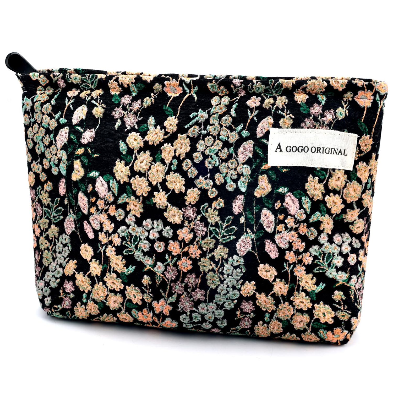 URSKYTOUS Flower Makeup Bag Large Cosmetic Bag for Women Cute Cotton Makeup Pouch Zipper Cosmetic Pouch for Purse Aesthetic Black Floral Skincare Bag Portable Travel Toiletry Bag Organizer