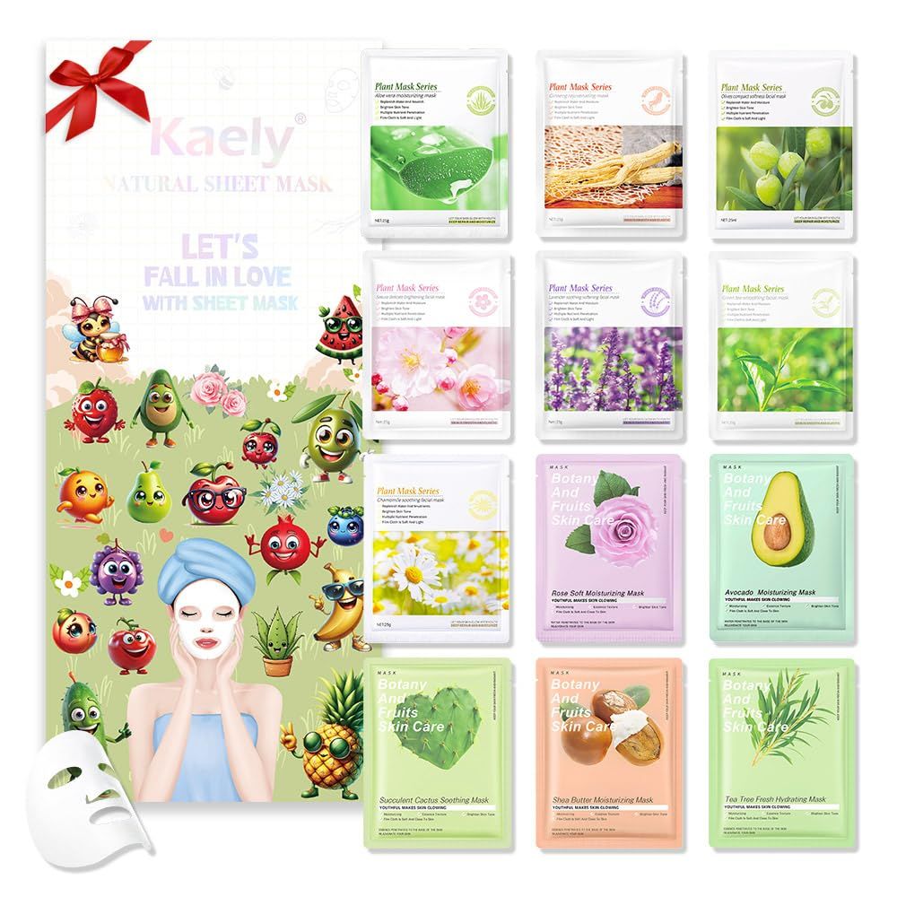 Kaely 12 Pack Kids Facial Face Masks Skincare Kit Gift for Women Teens Girls, Kids Sheet Face Masks Spa Facemask Party Favors Supplies for Teen Girls, Mascarilla facial Cuidado de la piel, set03