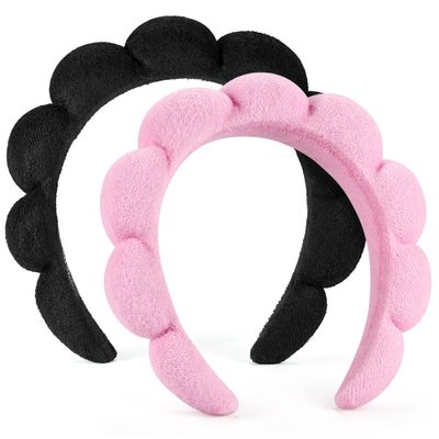 Spa Headbands for Washing Face or Facial, Set of 2 Skincare Headbands, Terry Cloth Headband Combo Pack - Puffy Makeup Headbands for Face Washing, Mask, Skin Treatment (Pink &amp; Black)