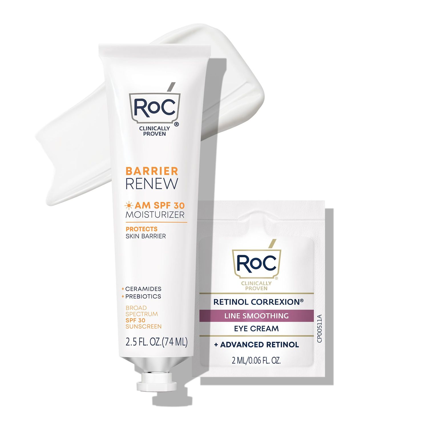 RoC Barrier Renew Day Cream with SPF 30, Moisturizer with Ceramides &amp; Prebiotics to Protect Skin Barrier, Stocking Stuffers for Men &amp; Women, (2.5 oz) with Retinol Eye Cream Packette