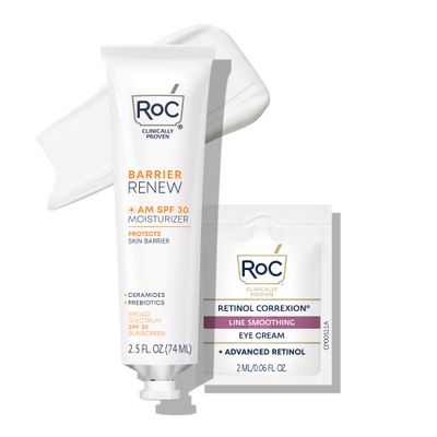 RoC Barrier Renew Day Cream with SPF 30, Moisturizer with Ceramides &amp; Prebiotics to Protect Skin Barrier, Stocking Stuffers for Men &amp; Women, (2.5 oz) with Retinol Eye Cream Packette