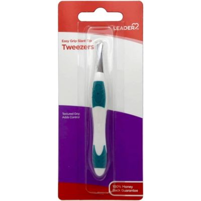 LEADER Tweezers Slant Tip Precision, Easy Grip, Non-Slip Rubber, Stainless Steel, Great Precision for Eyebrows, Facial Hair, Splinter and Ingrown Hair Removal