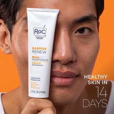 RoC Barrier Renew Day Cream with SPF 30, Moisturizer with Ceramides &amp; Prebiotics to Protect Skin Barrier, Stocking Stuffers for Men &amp; Women, (2.5 oz) with Retinol Eye Cream Packette