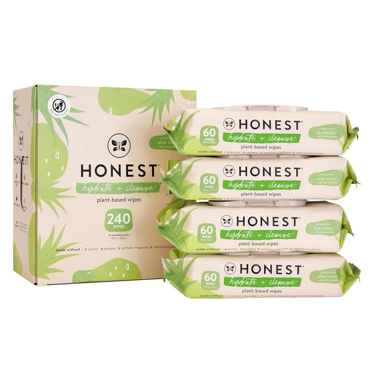 The Honest Company Hydrate + Cleanse Naturally Scented Wipes | Cleansing Multi-Tasking Wipes | 99% Water, Plant-Based, Hypoallergenic | Aloe + Cucumber, 240 Count