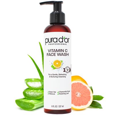 PURA D&#39;OR 8 Oz Vitamin C Face Wash - Antioxidant Rich Brightening Facial Cleanser For Radiant Glow &amp; Even Skin Tone - Gentle, Refreshing, Nurturing, Hydrating - Sulfate &amp; Paraben Free - All Skin Types