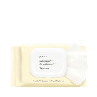 philosophy purity made simple one-step facial cleansing cloths - easily removes makeup, dirt &amp; oil on the go - skin is left clean and comfortable with no rinsing needed - 30 ct.