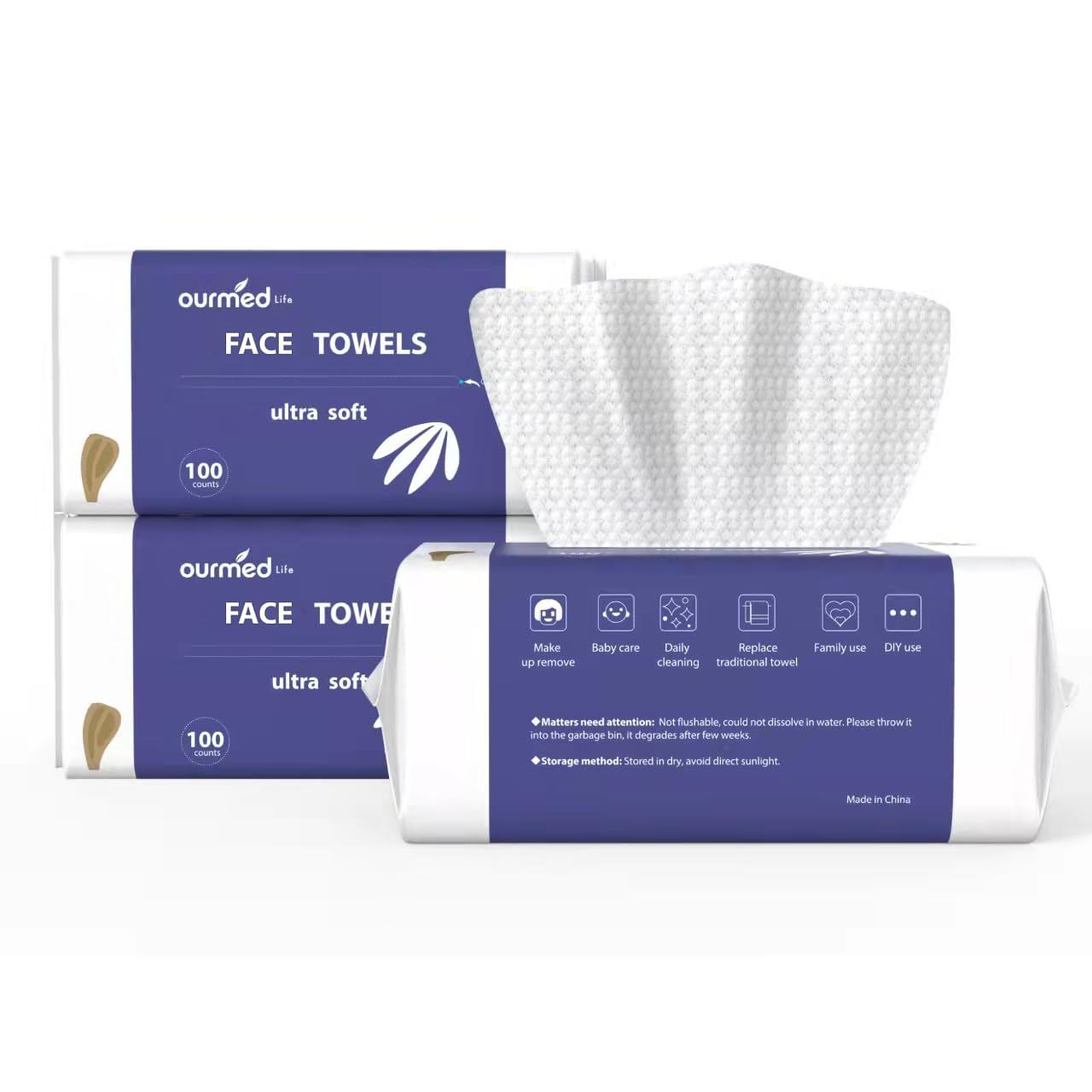 Ourmed Life Disposable Face Towels, 300 Count - Ultra Soft, Biodegradable Makeup Remover Wipes for Sensitive Skin, Clean Skincare Towels,Lint- free and Gentle Facial Towels for Daily UseDot texture