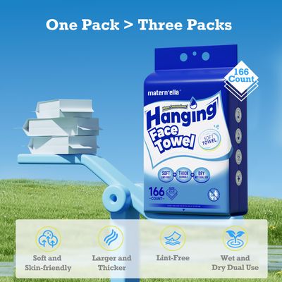 Matern'ella Hanging Face Towel 166 Counts Facial Cleansing Dry Wipes Thickened Makeup Remover Disposable Soft Face Towelettes for Sensitive Skin Fragrance Free Alcohol Free Wet and Dry Dual Use