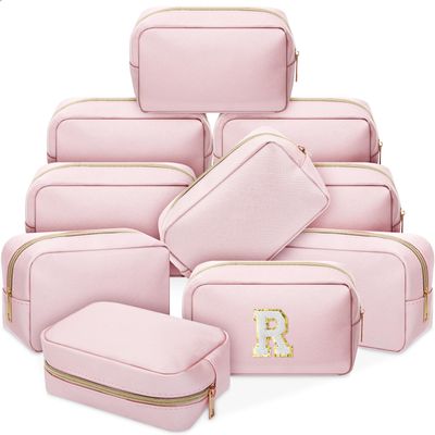 Sweetude 10 Pcs Preppy Makeup Bag Bulk Cosmetic Bag Valentine&#39;s Day Gift Return Gifts for Women DIY Toiletry Bag Birthday Gift PU Leather Skincare Pouch Small Makeup Bag(Rose Gold)
