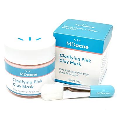 MDacne Clarifying Clay Face Mask - Deep Pore Detox with Australian Pink Clay - Detoxifying, Exfoliating &amp; Brightening - Reduce Skin Redness &amp; Irritation for Sensitive Acne-Prone Skin