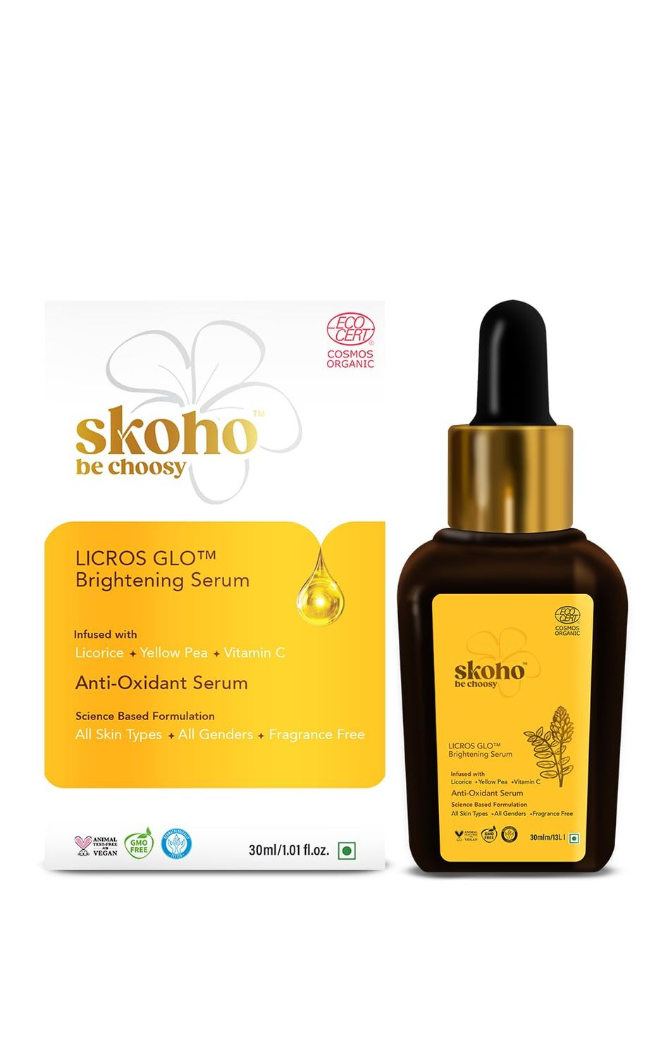SKOHO Organic Vitamin C Face Serum with 98.932% Naturality | Reduces dark spots &amp; Hyper Pigmentation | Licorice, Natural Peptides, Vitamin C | 30ml, Natural