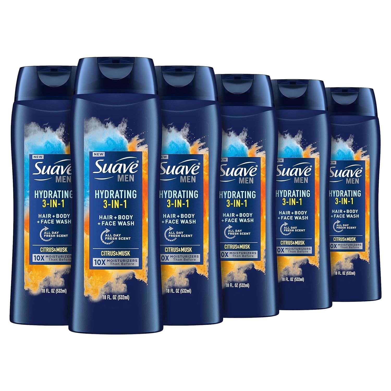 Suave Men Moisturizing Body, Face and Hair Wash, 3-in-1 For Hydrated Skin and Hair, Citrus &amp; Musk scent, No Parabens, No Phtahaltes, 18 Oz Pack of 6