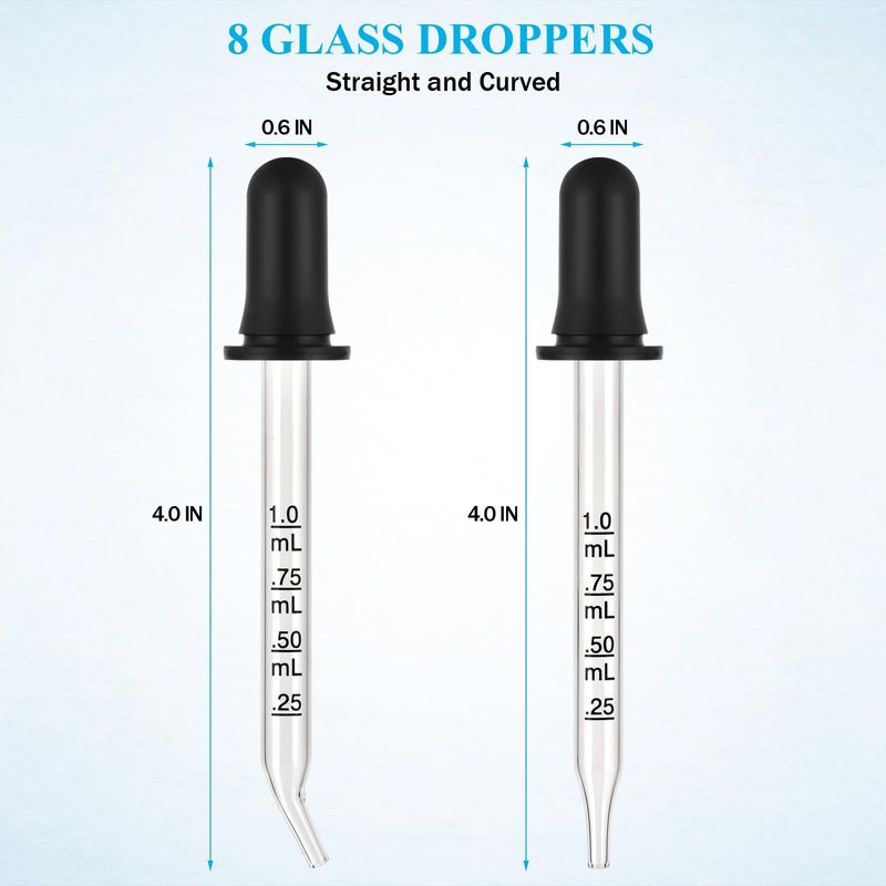 Herain 8 Pack Glass Pipette Dropper, Ear and Eye Dropper Bent &amp; Straight Tips, 1 ml Droppers for Essential Oils, Lab, Health Care, Crafts, Measuring and Transferring a Variety of Liquids