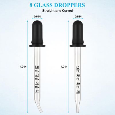 Herain 8 Pack Glass Pipette Dropper, Ear and Eye Dropper Bent &amp; Straight Tips, 1 ml Droppers for Essential Oils, Lab, Health Care, Crafts, Measuring and Transferring a Variety of Liquids