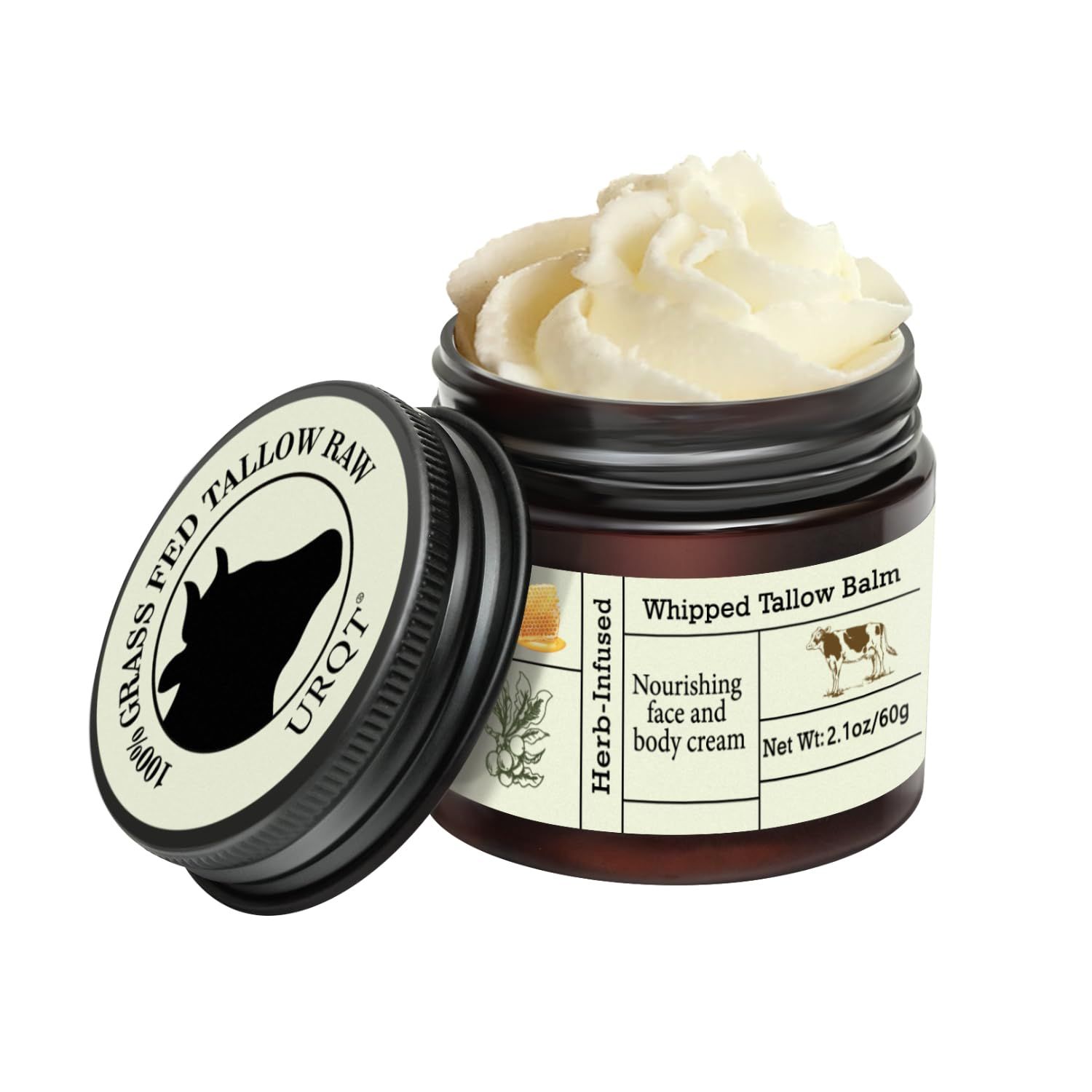 URQT Beef Tallow for Skin - Organic Grass-Fed Whipped Beef Tallow and Honey Balm - Deeply Moisturizing for Face &amp; Body - Natural Skin Care for Soft, Supple Skin