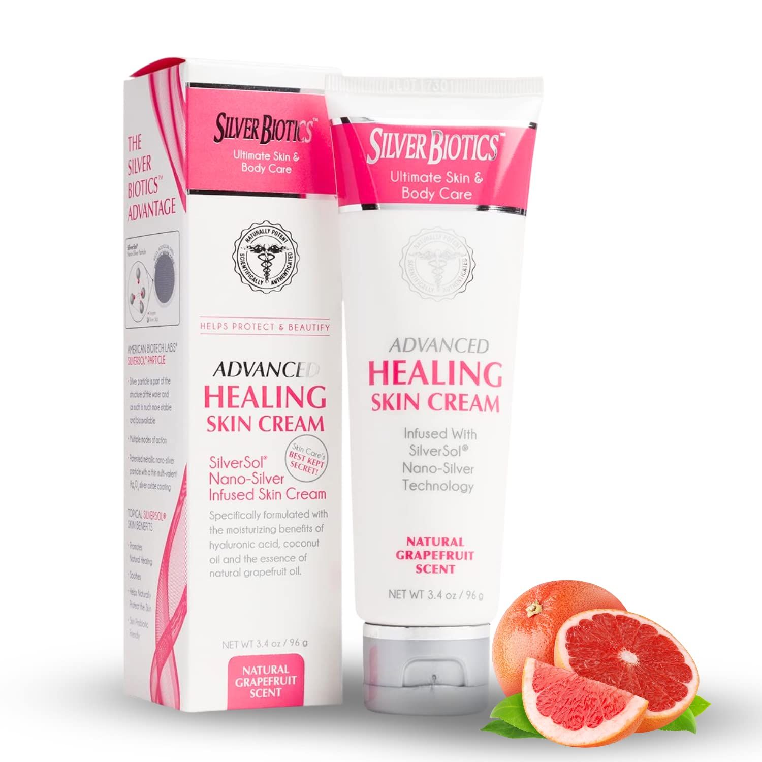 Silver Biotics Nano Silver Healing Lotion Cream Grapefruit Scent Infused 20 PPM SilverSol and Hyaluronic Acid | All Natural Ingredients to Heal, Smooth Your Skin Blemishes and Scars (3.4 oz.)