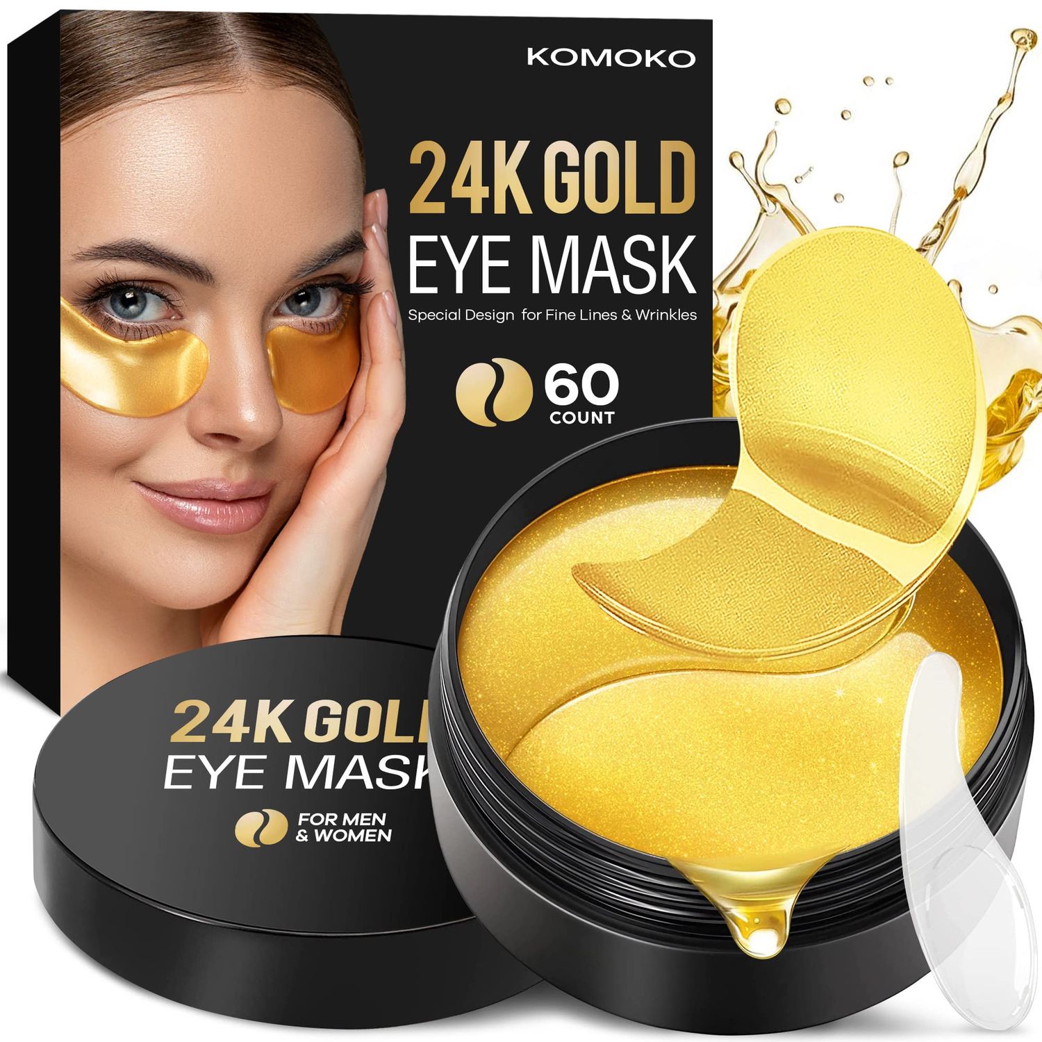 Komoko 30-Pairs 24K Gold Under Eye Patches, Skin Care, Golden Under Eye Mask Anti-Aging Collagen &amp; Amino Acid, Eye Mask for Removing Dark Circles, Puffiness and Wrinkles, Refresh Your Under Eye Skin