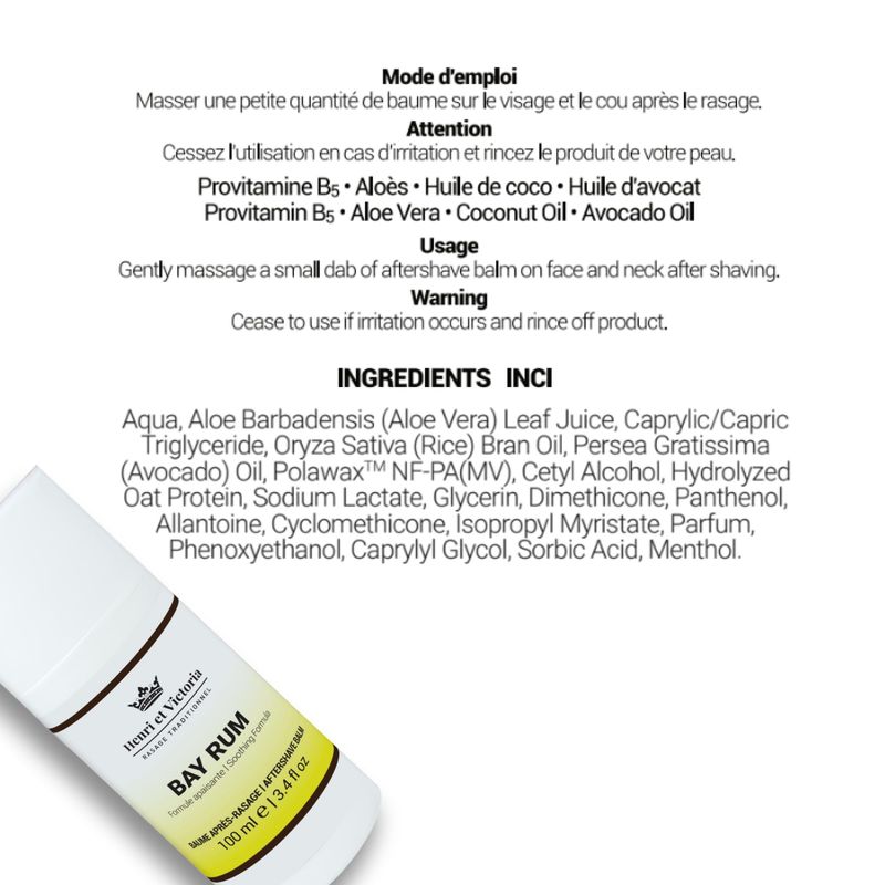 HENRI ET VICTORIA Aftershave Balm for Men | Bay Rum Scent | Canadian Made by Skilled Artisan | After Shave Balm Prevent and Cure Razor Burns | 100 ml (3.4 oz)