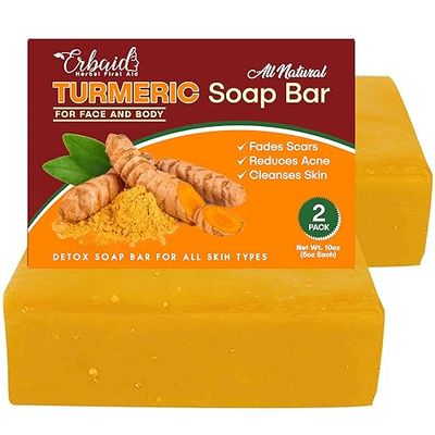 Natural Turmeric Soap Bar for Face &amp; Body - Turmeric Skin Brightening Soap for Dark Spots, Intimate Areas, Underarms - Turmeric Face Wash Reduces Acne - 5oz Turmeric Bar Made in USA (2 Pack)