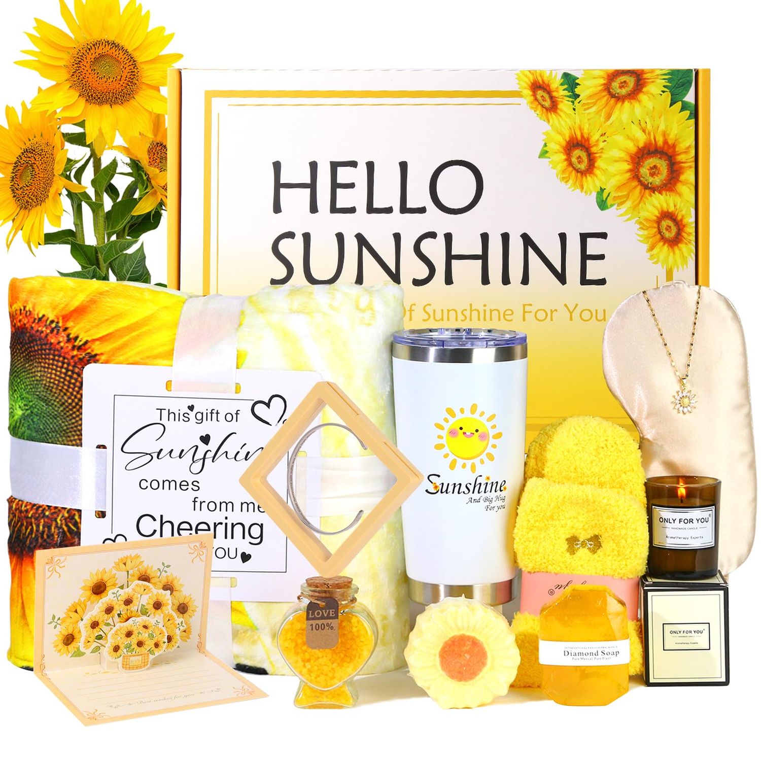 Sending Sunshine Care Package for Women-11 Pcs Sunflower Gifts.Get Well Soon Self Care Gifts Basket.Unique Women&#39;s Inspirational Relaxation Bath Set, Birthday Box for Gifts,CHEER HER UP! (Large Set)