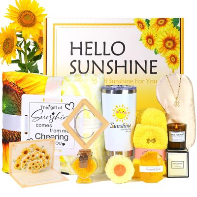 Sending Sunshine Care Package for Women-11 Pcs Sunflower Gifts.Get Well Soon Self Care Gifts Basket.Unique Women&#39;s Inspirational Relaxation Bath Set, Birthday Box for Gifts,CHEER HER UP! (Large Set)