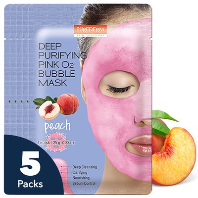 Purederm Deep Purifying Pink O2 Bubble Mask Peach (5 Pack) - Bubble Face Sheet Mask for Purifying &amp; Moisturizing