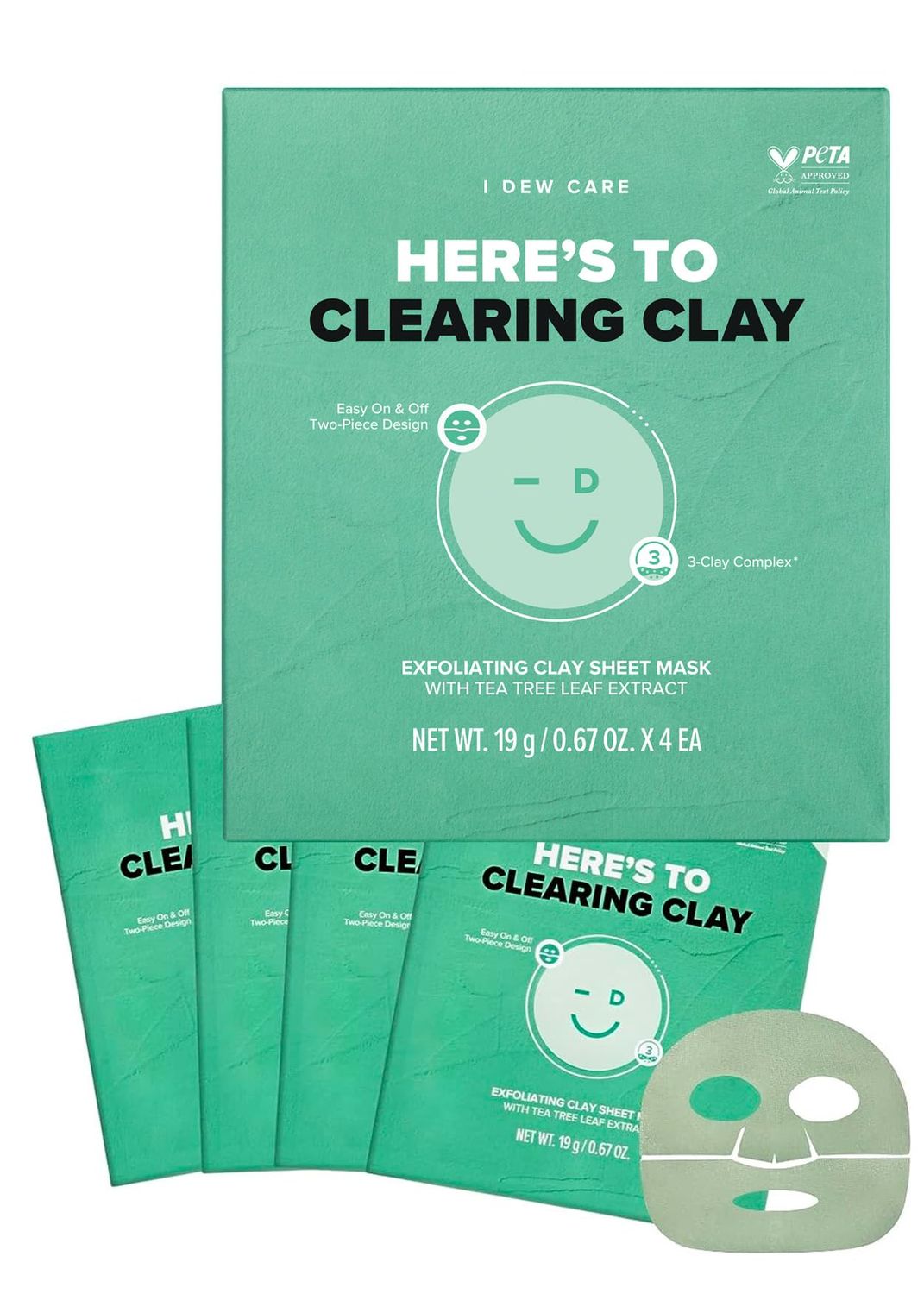 I DEW CARE Clay Sheet Mask - Here&#39;s To Clearing Clay | Daily Exfoliate, Decongest, Minimize Pores, Soothe, Infused with 3-Clay Complex, Tea Tree, Centella Asiatica, 4 EA
