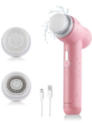 NEWDERMO Facial Cleansing Brush - 360 Rotating, 3 Modes, IPX7 Waterproof, 2 Brush Heads for Deep Clean, Oil Control &amp; Blackhead Removal Face Scrubber for Skin Care Beauty(Pink)