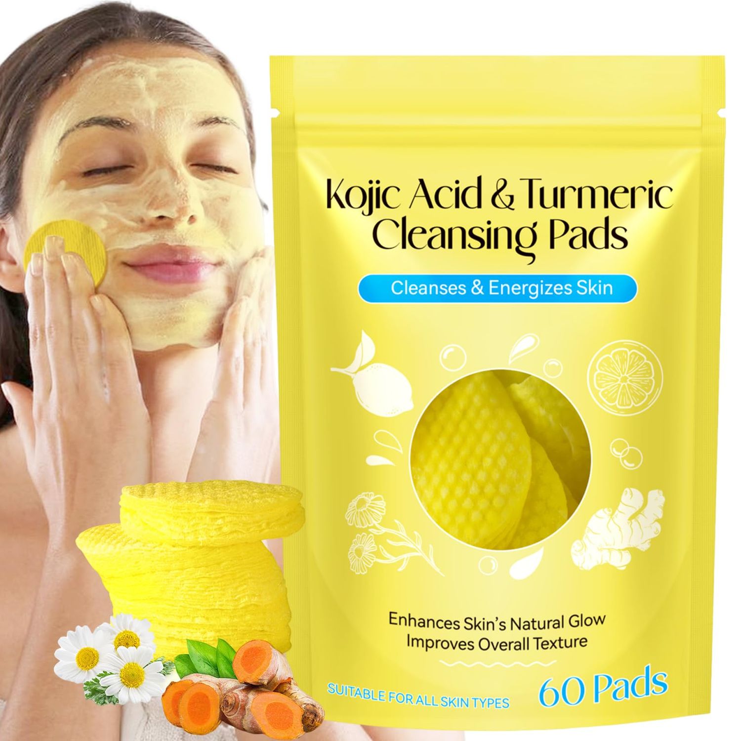 Kojic Acid and Turmeric Cleansing Pads, Turmeric Kojic Acid Cleansing Pads, Turmeric and Kojic Acid Pads, Turmeric Cleansing Pads for Face, Mild and Non-irritating, Suit for All Skin Types, 60 Count