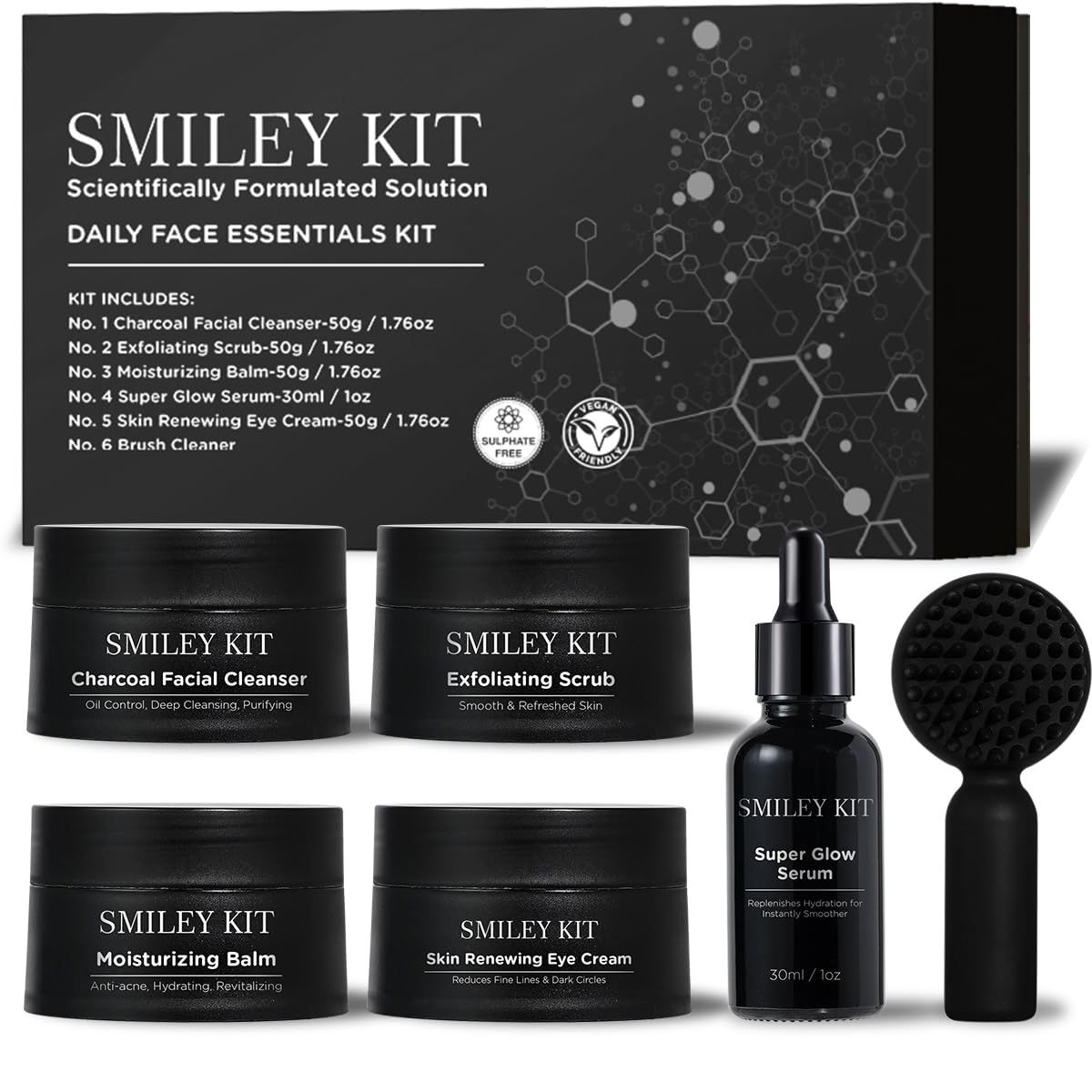 Premium Facial Care Kit (6 pcs kit ): Charcoal Facial Cleanser + Exfoliating Scrub, Moisturizing Balm + Super Glow Serum + Skin Renewing Eye Cream &amp; FREE Brush Cleanser Complete Skin Care