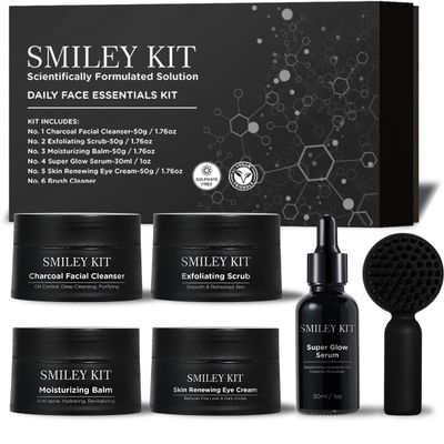 Premium Facial Care Kit (6 pcs kit ): Charcoal Facial Cleanser + Exfoliating Scrub, Moisturizing Balm + Super Glow Serum + Skin Renewing Eye Cream &amp; FREE Brush Cleanser Complete Skin Care